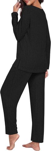 TAOHUADAO 2024 Womens 2 Piece Pajamas Set Ribbed Knit Lounge Sets Long Sleeve Tops and Pants Casual Sleepwear with Pockets in Kuwait