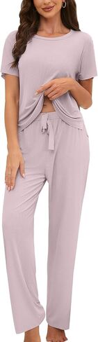 UMBY Pajamas for Women Set Round Collar Soft Loungewear 2 Piece Pj Set Sleepwear Short Sleeve Tops with Long Pants in Saudi Arabia