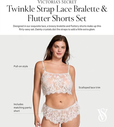 Victoria's Secret Fashion Show '24 Women's Twinkle Strap Lace Bralette & Flutter Shorts Set (XS-L) in Saudi Arabia