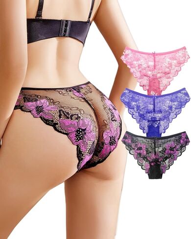 Lace Underwear for Women Sexy Cheeky Panty Seamless Women's Underwear Hipster Ladies No Show Breathable Bikini 3 Pack in Kuwait