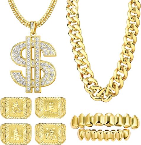 LOYALLOOK 80s 90s Hip Hop Costumes Outfit for Men Women Fake Gold Chain Necklace Money Chain Dollar Sign Gold Kanji Ring Old School Rapper Teeth Grillz Rapper Accessories Set Halloween in Saudi Arabia