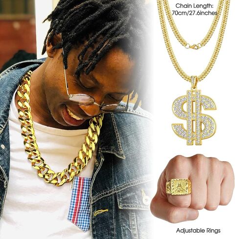 LOYALLOOK 80s 90s Hip Hop Costumes Outfit for Men Women Fake Gold Chain Necklace Money Chain Dollar Sign Gold Kanji Ring Old School Rapper Teeth Grillz Rapper Accessories Set Halloween in Saudi Arabia