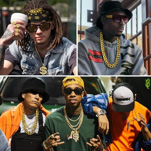 LOYALLOOK 80s 90s Hip Hop Costumes Outfit for Men Women Fake Gold Chain Necklace Money Chain Dollar Sign Gold Kanji Ring Old School Rapper Teeth Grillz Rapper Accessories Set Halloween in Saudi Arabia