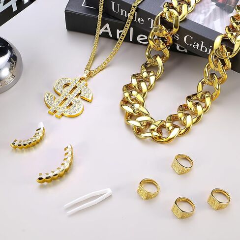 LOYALLOOK 80s 90s Hip Hop Costumes Outfit for Men Women Fake Gold Chain Necklace Money Chain Dollar Sign Gold Kanji Ring Old School Rapper Teeth Grillz Rapper Accessories Set Halloween in Saudi Arabia