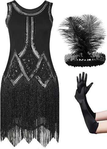 Womens Flapper Dresses 1920s Sequin Fringed Great Gatsby Dress with 20s Accessories Set in Saudi Arabia