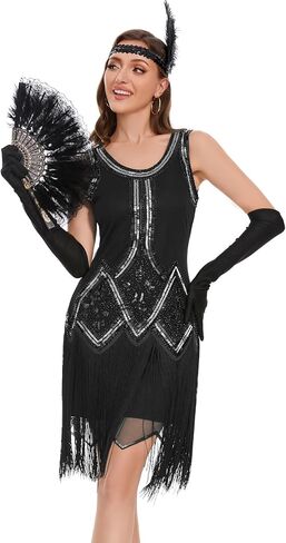Womens Flapper Dresses 1920s Sequin Fringed Great Gatsby Dress with 20s Accessories Set in Saudi Arabia