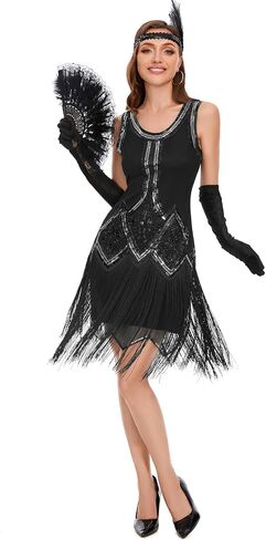 Womens Flapper Dresses 1920s Sequin Fringed Great Gatsby Dress with 20s Accessories Set in Saudi Arabia