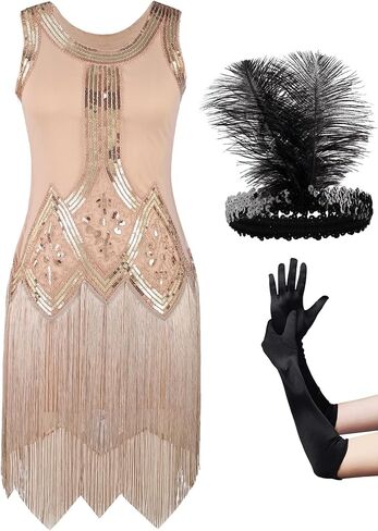 Womens Flapper Dresses 1920s Sequin Fringed Great Gatsby Dress with 20s Accessories Set in Saudi Arabia