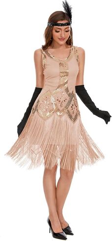 Womens Flapper Dresses 1920s Sequin Fringed Great Gatsby Dress with 20s Accessories Set in Saudi Arabia