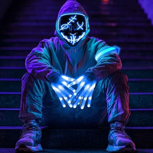 3 مجموعة من قناع الهالوين LED المضيء وقفازات قناع مخيف وشارات LED تتوهج في الظلام لحفلات الهالوين للأطفال البالغين in Saudi Arabia