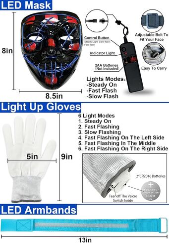 3 مجموعة من قناع الهالوين LED المضيء وقفازات قناع مخيف وشارات LED تتوهج في الظلام لحفلات الهالوين للأطفال البالغين in Saudi Arabia