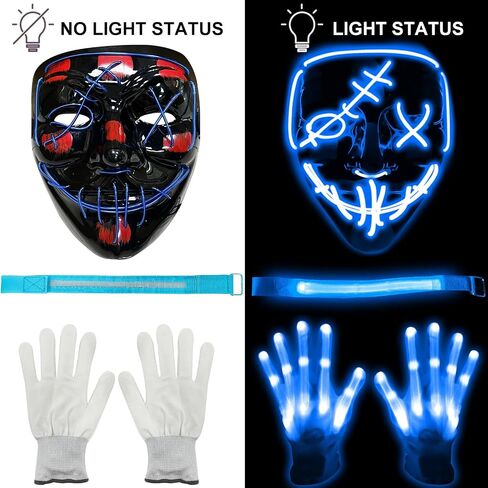3 مجموعة من قناع الهالوين LED المضيء وقفازات قناع مخيف وشارات LED تتوهج في الظلام لحفلات الهالوين للأطفال البالغين in Saudi Arabia