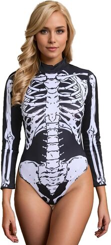 Halloween Skeleton Costume for Women Long Sleeve Slim Onesie Skeleton Cosplay Rave Outfit Bodysuit in Saudi Arabia