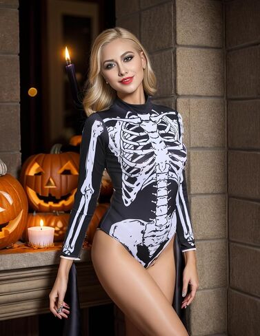 Halloween Skeleton Costume for Women Long Sleeve Slim Onesie Skeleton Cosplay Rave Outfit Bodysuit in Saudi Arabia