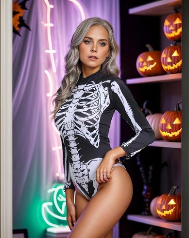 Halloween Skeleton Costume for Women Long Sleeve Slim Onesie Skeleton Cosplay Rave Outfit Bodysuit in Saudi Arabia
