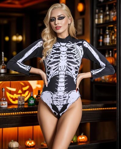 Halloween Skeleton Costume for Women Long Sleeve Slim Onesie Skeleton Cosplay Rave Outfit Bodysuit in Saudi Arabia