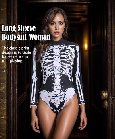 Halloween Skeleton Costume for Women Long Sleeve Slim Onesie Skeleton Cosplay Rave Outfit Bodysuit in Saudi Arabia