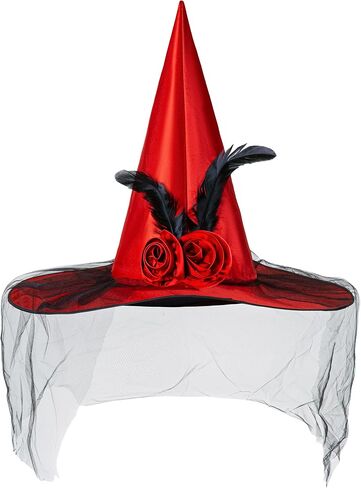 Nackiy Halloween Witch Hat for Women, Half Veil Fancy Dress Costume Accessory with Roses & Feathers for Cosplay Parties in Saudi Arabia