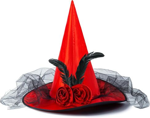 Nackiy Halloween Witch Hat for Women, Half Veil Fancy Dress Costume Accessory with Roses & Feathers for Cosplay Parties in Saudi Arabia