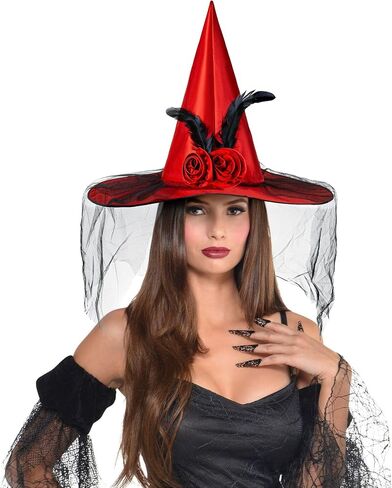 Nackiy Halloween Witch Hat for Women, Half Veil Fancy Dress Costume Accessory with Roses & Feathers for Cosplay Parties in Saudi Arabia