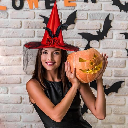 Nackiy Halloween Witch Hat for Women, Half Veil Fancy Dress Costume Accessory with Roses & Feathers for Cosplay Parties in Saudi Arabia