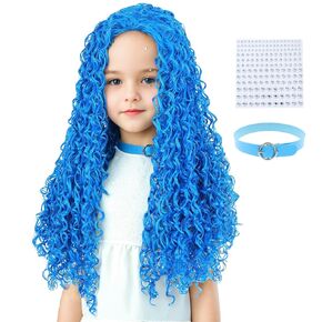Long Blue Curly Wavy Synthetic Wigs with Blue Choker and Rhinestones Stickers for Girls Kids Teens Cosplay Halloween Party