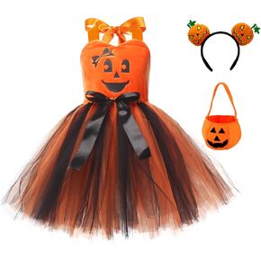 IMEKIS Toddler Kids Girls Halloween Pumpkin Costume Dress with Trick or Treat Bag Headband 3PCS Set Outfit Photo Shoot