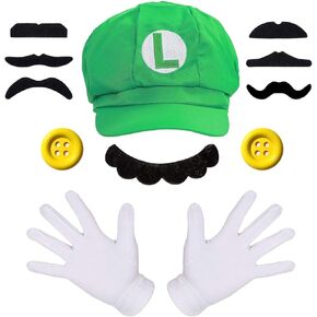 Humairc Super Bros Hats Accessories Set Mary Luigy Caps, Mustaches, Suspenders, Gloves Buttons Halloween Cosplay Costume