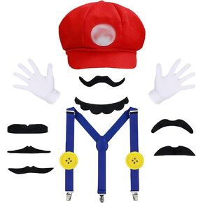 Bros Mary & Luigi Hat Costume Mustaches Gloves Buttons for Halloween Costume Cosplay