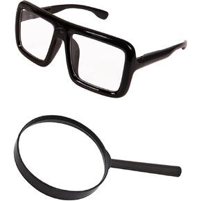 Halloween Costume Accessories-Thick Square Nerd Glasses and Magnifying Glass for Nerd Costume, Adult Women Halloween Classic Movie Characters Costume