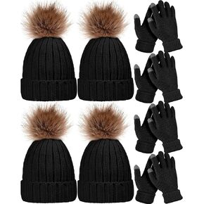 8 Pcs Womens Winter Knitted Beanie Hat Glove Set Warm Knit Skull Cap Beanie Soft Ski Cuff Cap Knit Touchscreen Gloves Thermal Texting Gloves with Faux Fur Pom