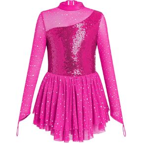 Figure Skating Dress Girl Sparkly Sequin Mock Neck Toddler Ice Skating Rhythmic Gymnastics Leotard with Chiffon Skirt