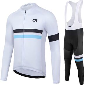 CR Winter Men's Cycling Jersey Long Sleeves Thermal Fleece Bike Jersey + Bib Pants, Winter Cycling Kit Clothing Set for Men