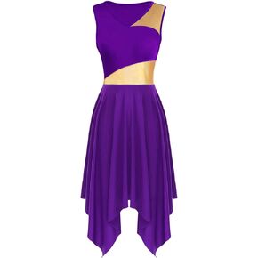 Women's Praise Dance Overlays Dress Tunic Metallic Color Block Sleeveless Irregular Hem Worship Lyrical Dance Dress