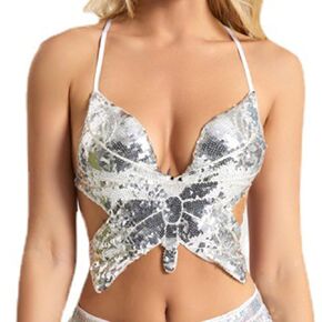 Women's Dance Bra Tops Butterfly Sequins Crop Top Party Belly Dance Tops Festival Clubbing Bra Top (Black)