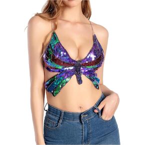 Butterfly Tops for Women Rave Tops, Sequin Halter Top, Sparkly Butterfly Crop Top, Dance Outfit, Halloween Costume in Kuwait
