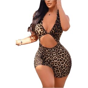 Floerns Women's Leopard Print Sleeveless Cut Out Halter Neck Unitard Jumpsuit