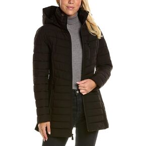 Nautica Women's 3/4 Midweight Stretch Puffer Jacket with Hood, Charcoal, Small