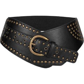 JASGOOD Women Vintage Wide Elastic Belt Rivets Stretchy Waist Belt with Metal Buckle