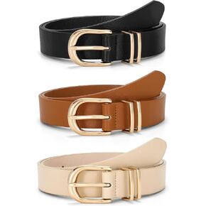 JASGOOD 3 Pack Women Leather Belts For Jeans Dresses Pants Ladies Faux Leather Waist Belt with Gold Buckle