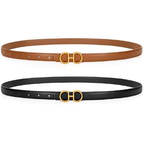 CESCOSI Women Skinny Leather Belts Ladies 2 Pack Thin Waist Belts with Gold Buckle for Dresses 0.7" Width