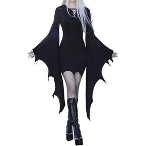 Halloween Costume Dress Women Sexy Gothic Lace Up Batwing Sleeve Irregular Hem Witch Vampire Bodycon Dresses