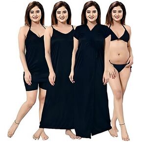 Women Nightwear Sexy Lingerie Satin Silk Sleepwear Set Of 6 (1 Robe,1 Nighty,1 Top 1 Shorts, 1 Lingerie Set)