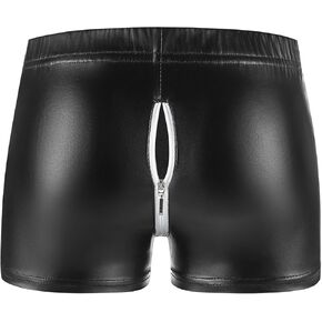 Men's Soft Matte Leather Boxer, Sexy Below Button Open Crotch, Hip Zipper Crotchless, Comfort Stretch Waistband