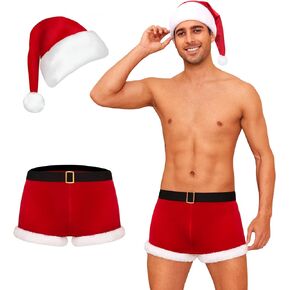 RSLOVE Mens Christmas Lingerie Set - Santa Boxer Gifts Men Red Briefs Holiday Shorts Costume Underwear Outfits 2PCS With Hat