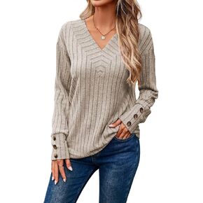 Womens V Neck Knit Sweater Casual Long Sleeve Tops Fashion Fall Winter Plain Pullover Sweaters with Buttons
