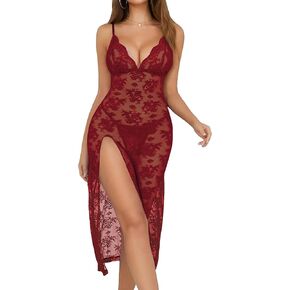 Aranmei Womens Lingerie Sexy V Neck Lace Mesh Babydoll Sleepwear Nightgown Long Side Split Sleep Dress