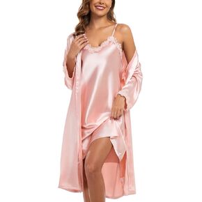BestWendding Women's Satin Robe Set 2 Pieces Pajamas Sets Sexy Soft Silk Robe with V Neck Camisole Lingerie Nightgown