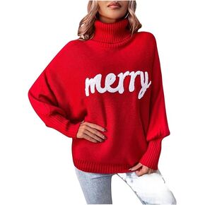 Women Merry Christmas Sweater 2024 Funny Holiday Knitted Sweaters Oversized Turtleneck Batwing Sleeve Xmas Pullover Tops