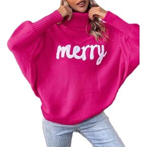 Women Merry Christmas Sweater 2024 Funny Holiday Knitted Sweaters Oversized Turtleneck Batwing Sleeve Xmas Pullover Tops